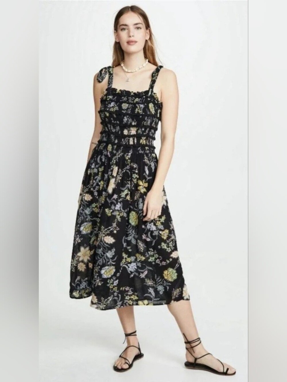 Free People Black Green/Purple Floral Smocked Midi Dress with Tie Straps